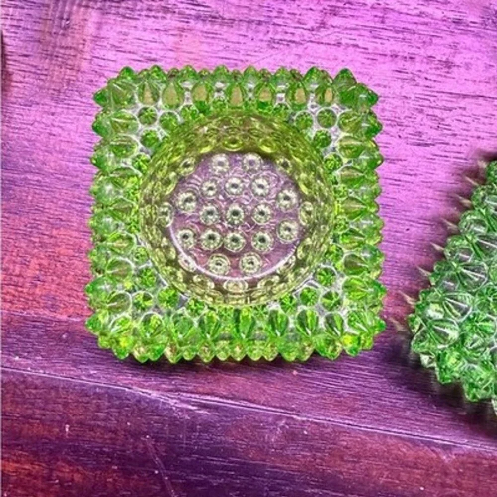 2 Fenton Hobnail Square Green Salt Cellar Tea Light Candle Holders
